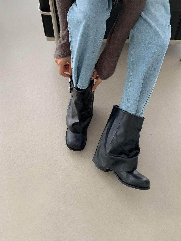 Vade - Korean Women Fashion - #momslook - Buckle Strap Leather Half Square Boots - 2