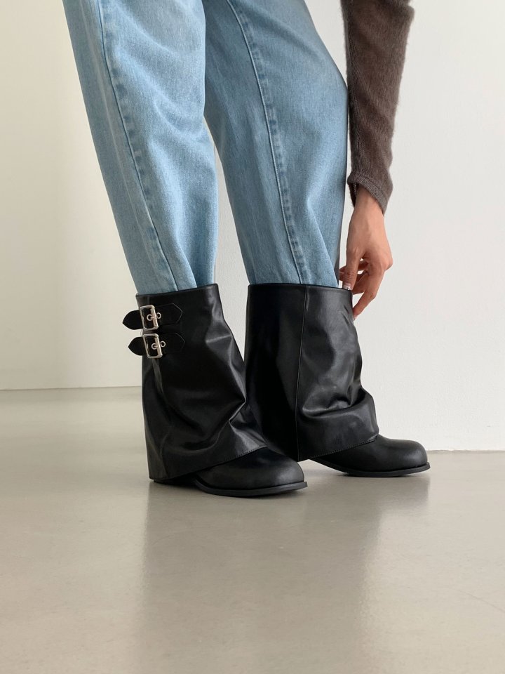 Vade - Korean Women Fashion - #womensfashion - Buckle Strap Leather Half Square Boots - 4