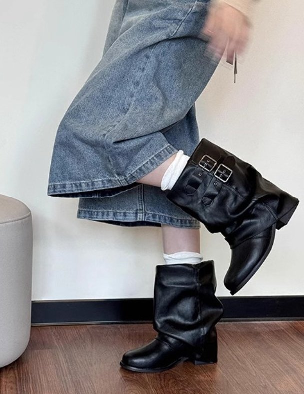 Vade - Korean Women Fashion - #momslook - Buckle Strap Half Mid Boots - 5