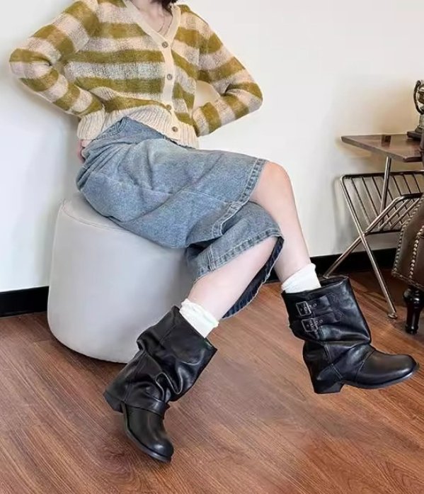 Vade - Korean Women Fashion - #momslook - Buckle Strap Half Mid Boots - 7