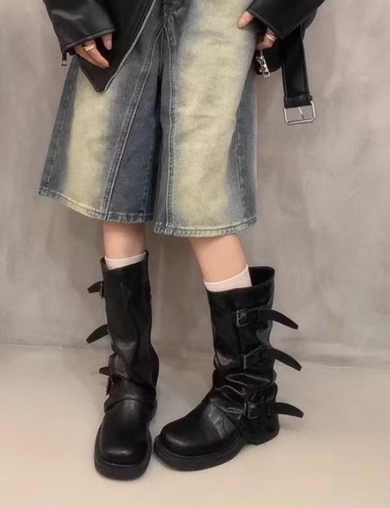 Vade - Korean Women Fashion - #momslook - Velcro Buckle Half Boots - 2