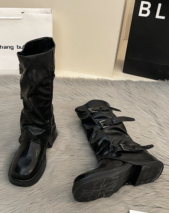 Vade - Korean Women Fashion - #womensfashion - Velcro Buckle Half Boots - 4
