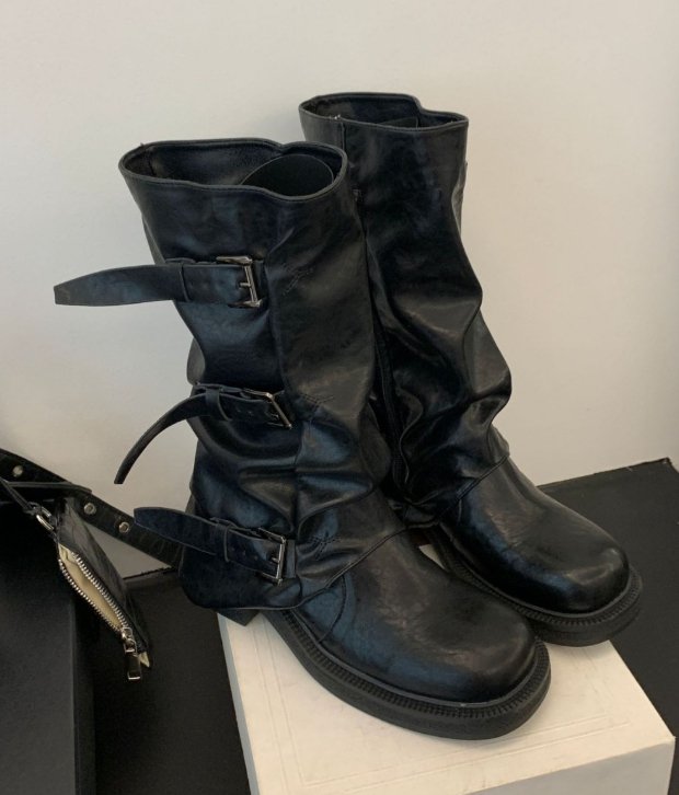 Vade - Korean Women Fashion - #momslook - Velcro Buckle Half Boots - 6