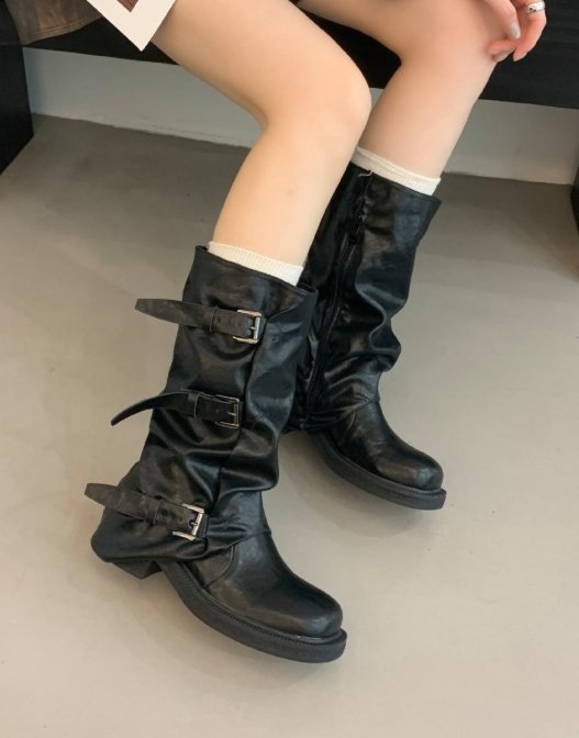 Vade - Korean Women Fashion - #momslook - Velcro Buckle Half Boots - 7