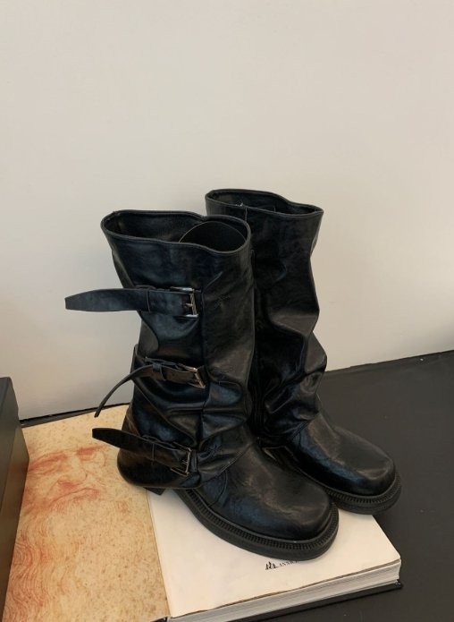 Vade - Korean Women Fashion - #momslook - Velcro Buckle Half Boots - 8