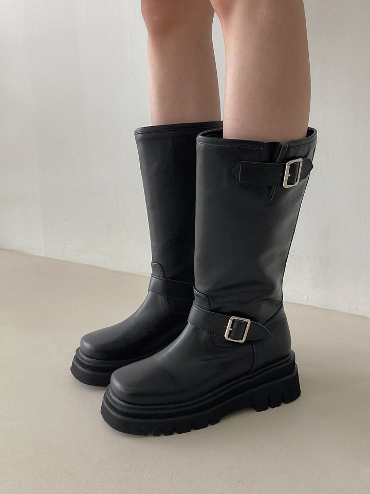 Vade - Korean Women Fashion - #pursuepretty - Mid Buckle Strap Walker Boots - 8