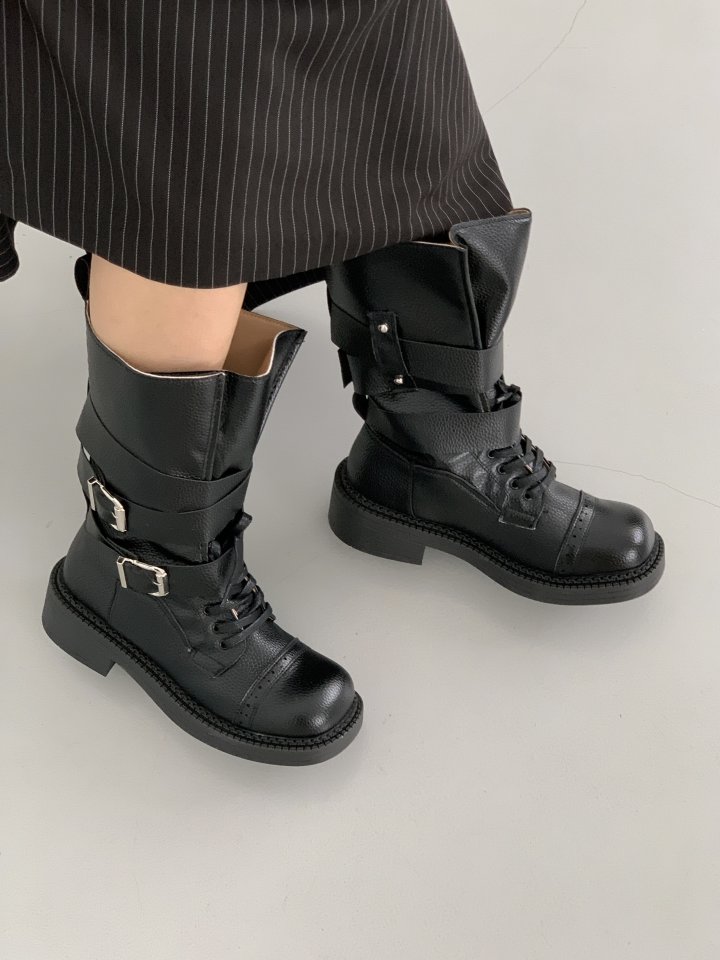 Vade - Korean Women Fashion - #restrostyle - Half Buckle Strap Walker Boots - 12