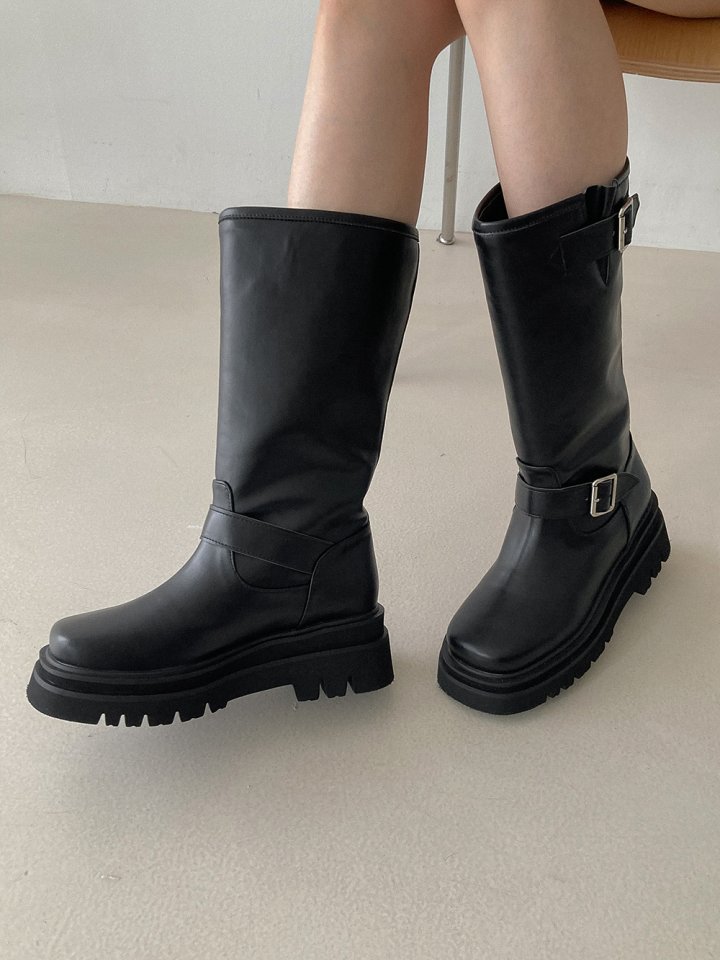 Vade - Korean Women Fashion - #romanticstyle - Mid Buckle Strap Walker Boots - 10