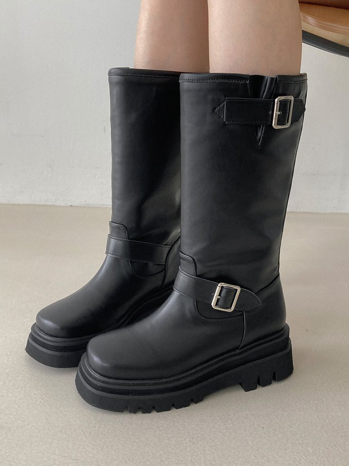 Vade - Korean Women Fashion - #thatsdarling - Mid Buckle Strap Walker Boots - 12