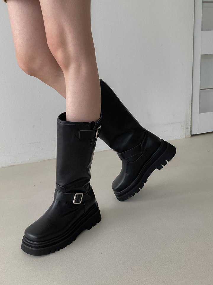 Vade - Korean Women Fashion - #vintageinspired - Mid Buckle Strap Walker Boots - 6