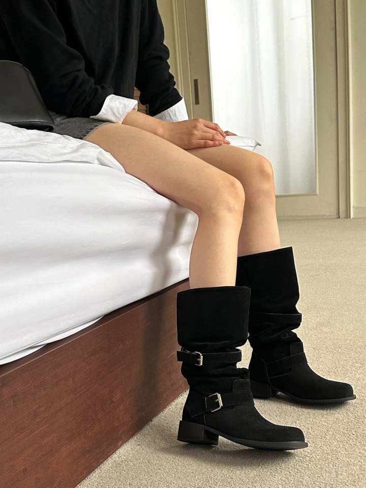 Vade - Korean Women Fashion - #womensfashion - Buckle Velcro Rider Biker Half Boots - 7