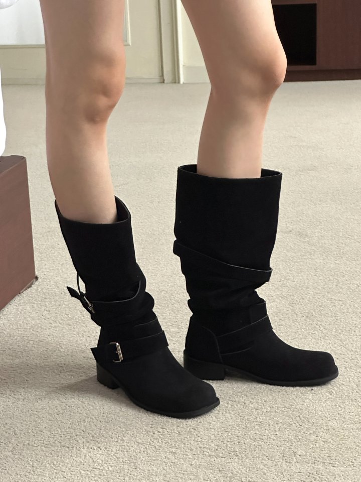 Vade - Korean Women Fashion - #womensfashion - Buckle Velcro Rider Biker Half Boots - 9