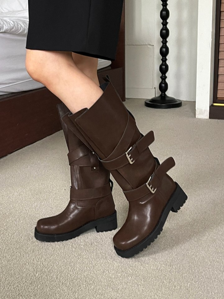 Vade - Korean Women Fashion - #womensfashion - FW Buckle Strap Biker Half Boots - 2