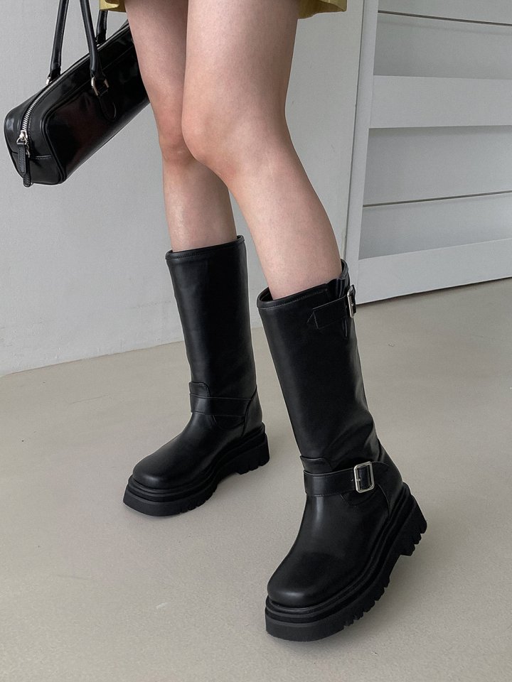 Vade - Korean Women Fashion - #womensfashion - Mid Buckle Strap Walker Boots - 5