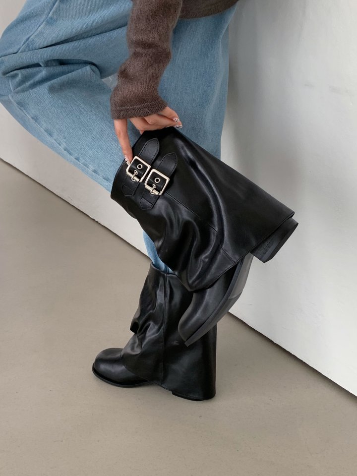 Vade - Korean Women Fashion - #womensfashion - Buckle Strap Leather Half Square Boots