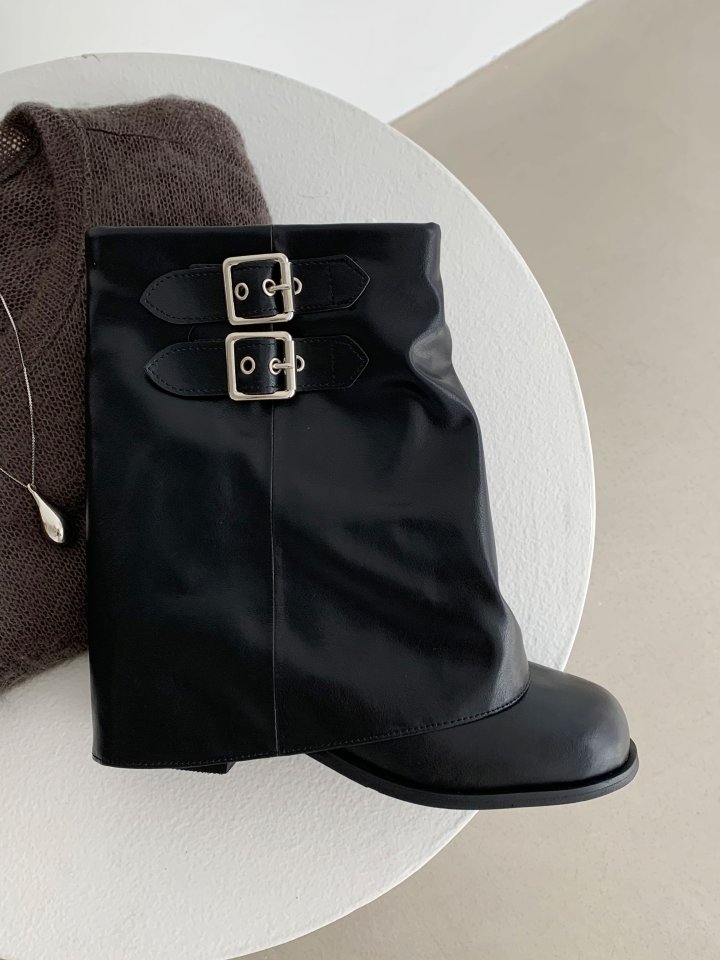 Vade - Korean Women Fashion - #womensfashion - Buckle Strap Leather Half Square Boots - 11
