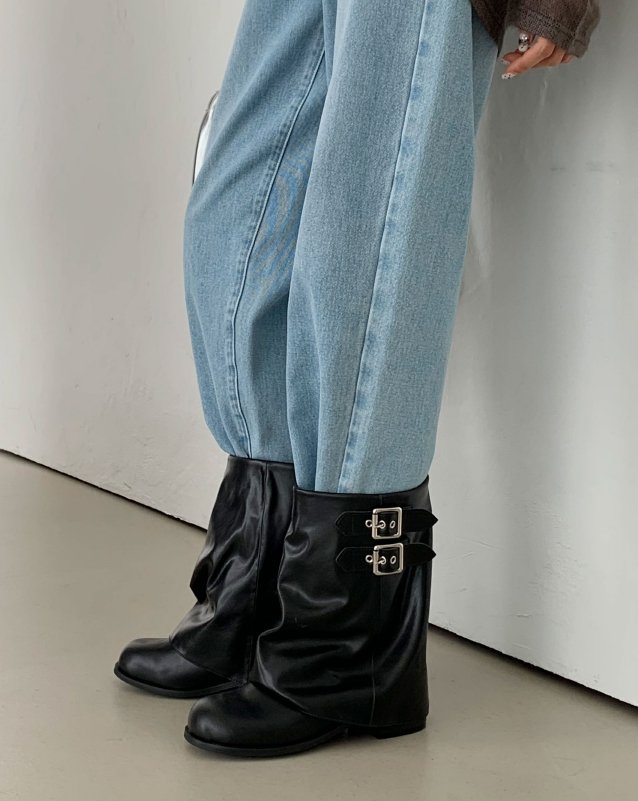 Vade - Korean Women Fashion - #womensfashion - Buckle Strap Leather Half Square Boots - 7