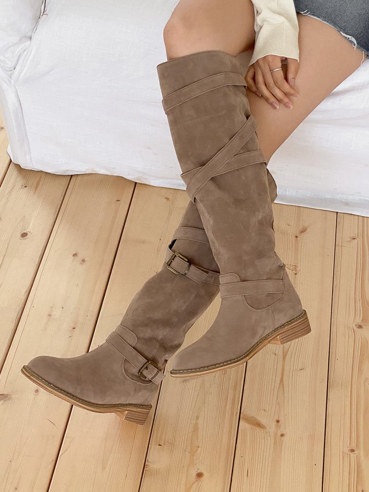 Vade - Korean Women Fashion - #womensfashion - Suede Buckle Velcro Strap Boots - 2