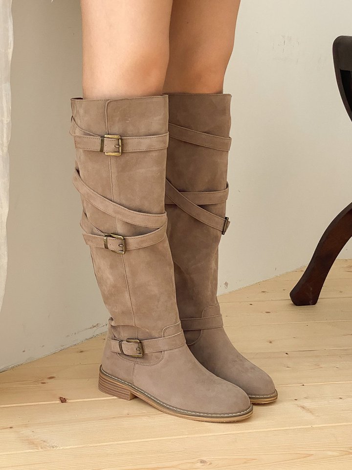 Vade - Korean Women Fashion - #momslook - Suede Buckle Velcro Strap Boots - 4