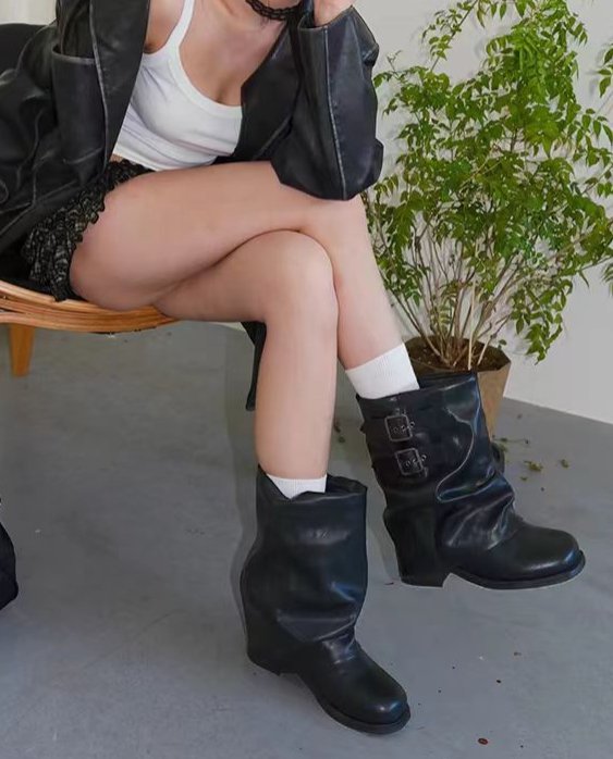 Vade - Korean Women Fashion - #womensfashion - Buckle Strap Half Mid Boots - 2