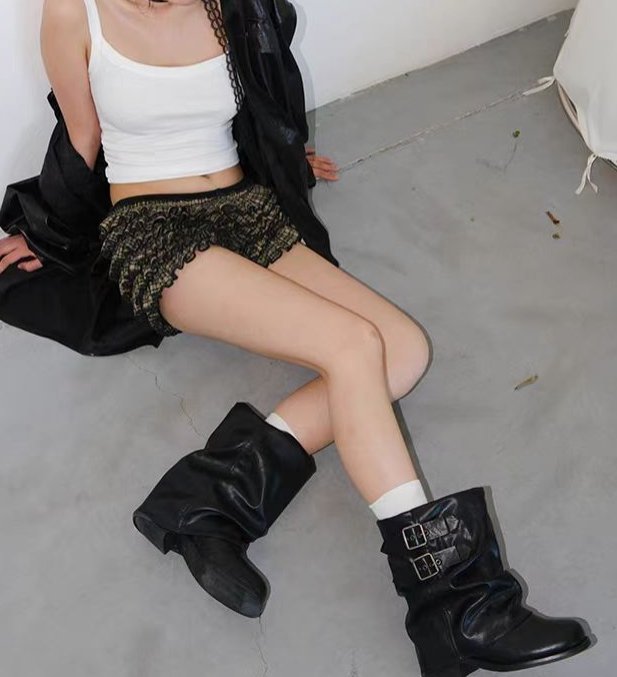 Vade - Korean Women Fashion - #momslook - Buckle Strap Half Mid Boots - 4