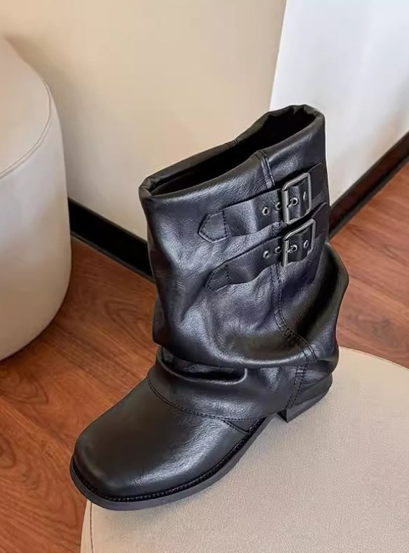 Vade - Korean Women Fashion - #womensfashion - Buckle Strap Half Mid Boots - 6