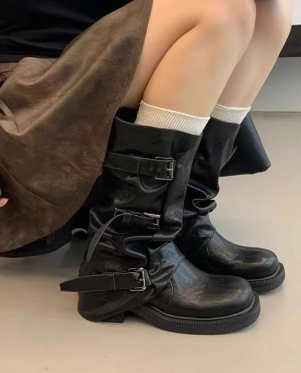 Vade - Korean Women Fashion - #womensfashion - Velcro Buckle Half Boots