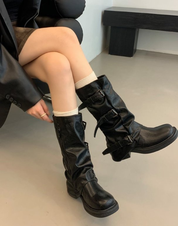 Vade - Korean Women Fashion - #womensfashion - Velcro Buckle Half Boots - 9