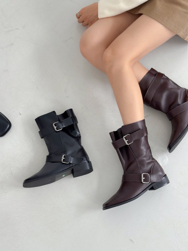 Vade - Korean Women Fashion - #womensfashion - Velcro Buckle Half Mid Boots - 2