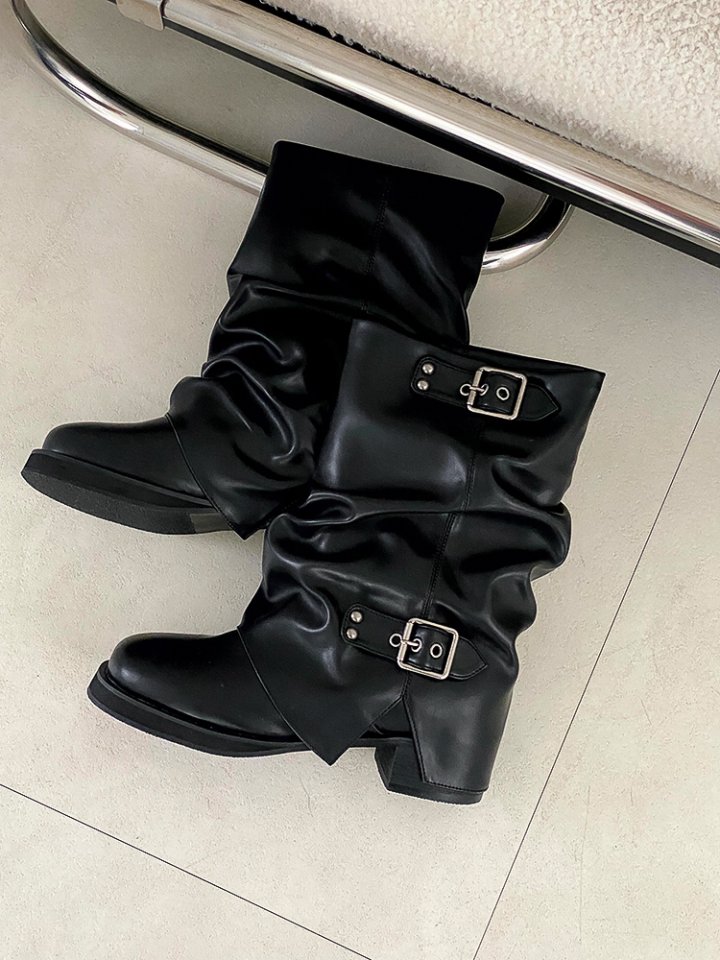 Vade - Korean Women Fashion - #womensfashion - Basic Buckle Boots - 11