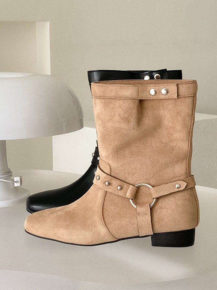 Vade - Korean Women Fashion - #womensfashion - Rider Suede Round Mid Half Boots - 6