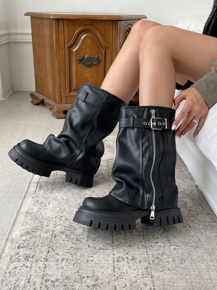 Vade - Korean Women Fashion - #womensfashion - Buckle Zipper Walker Boots - 7