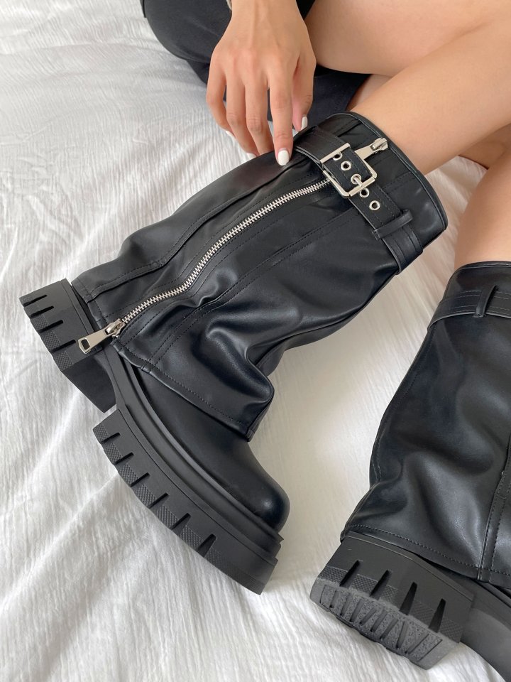 Vade - Korean Women Fashion - #womensfashion - Buckle Zipper Walker Boots - 9