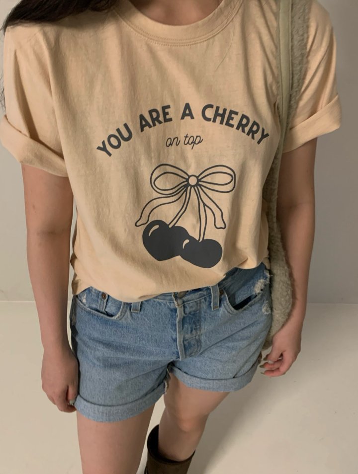 Via - Korean Women Fashion - #momslook - Heart Cherry Tee - 4