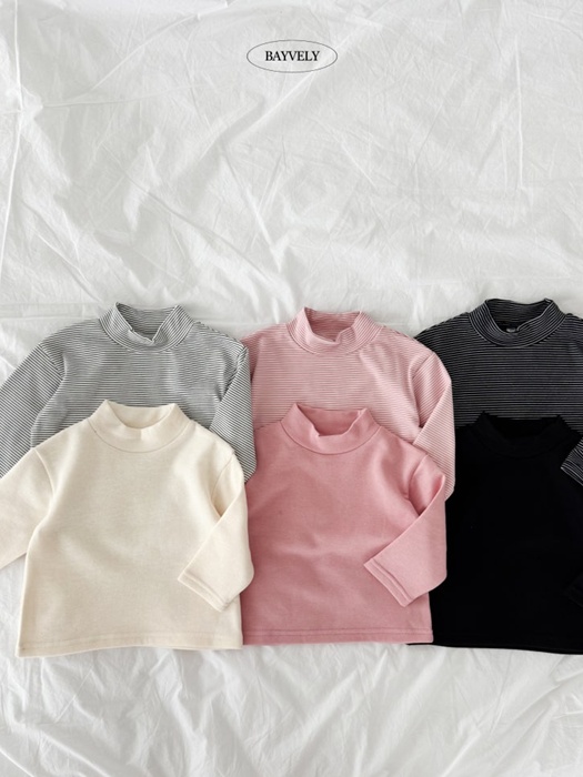 Plain Stripe Half Turtleneck Fleece Tee Set