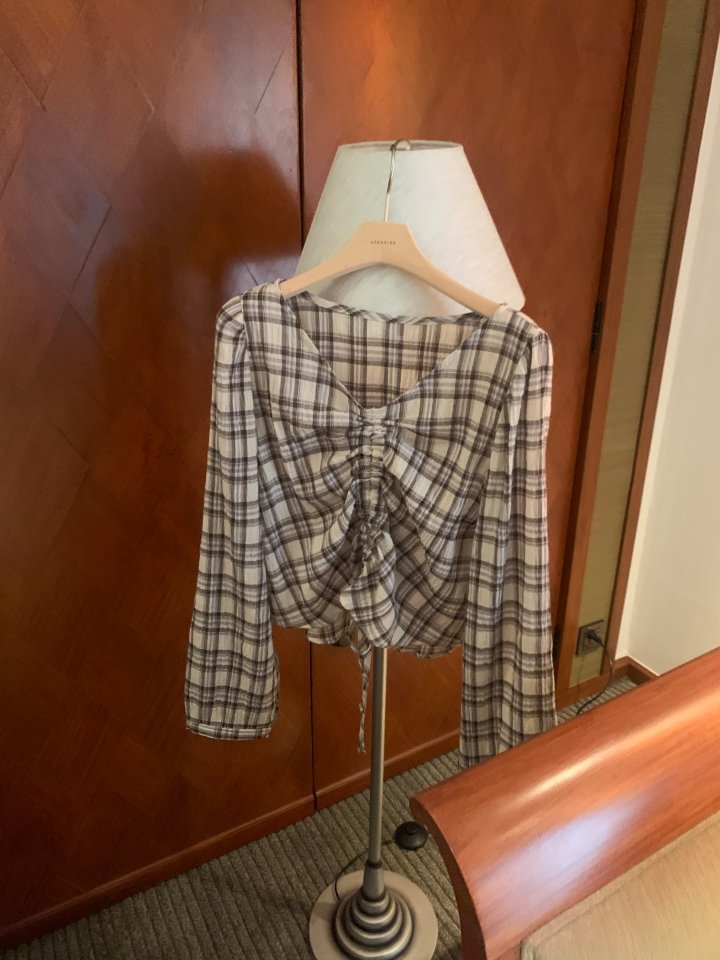 Afarrier - Korean Women Fashion - #momslook - Check Tunnel Blouse - 4