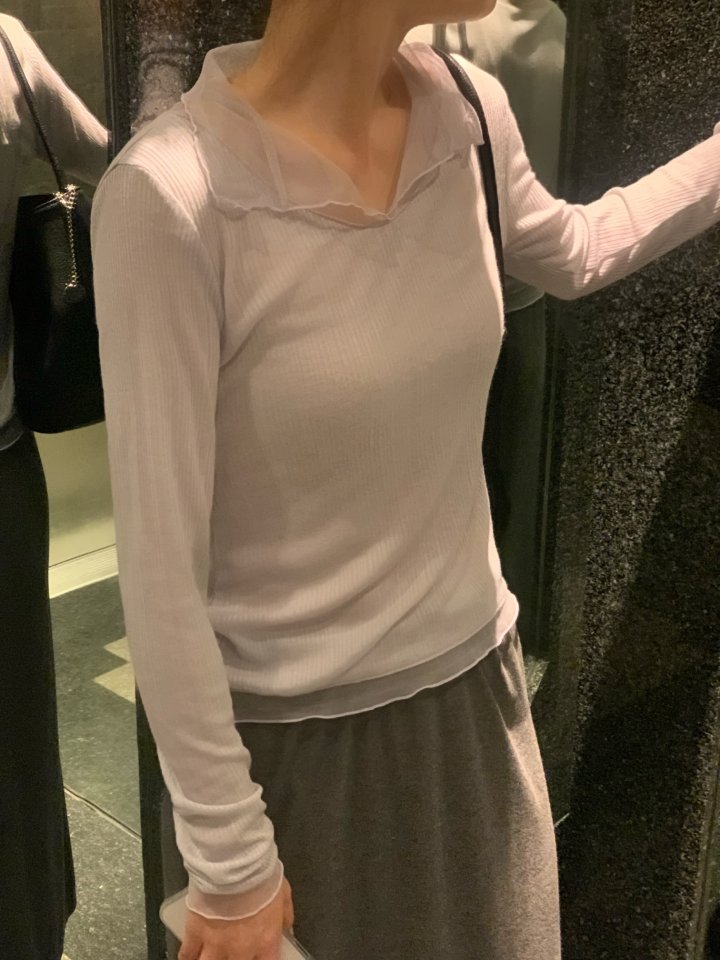 Afarrier - Korean Women Fashion - #momslook - Mesh Collar Tee - 3