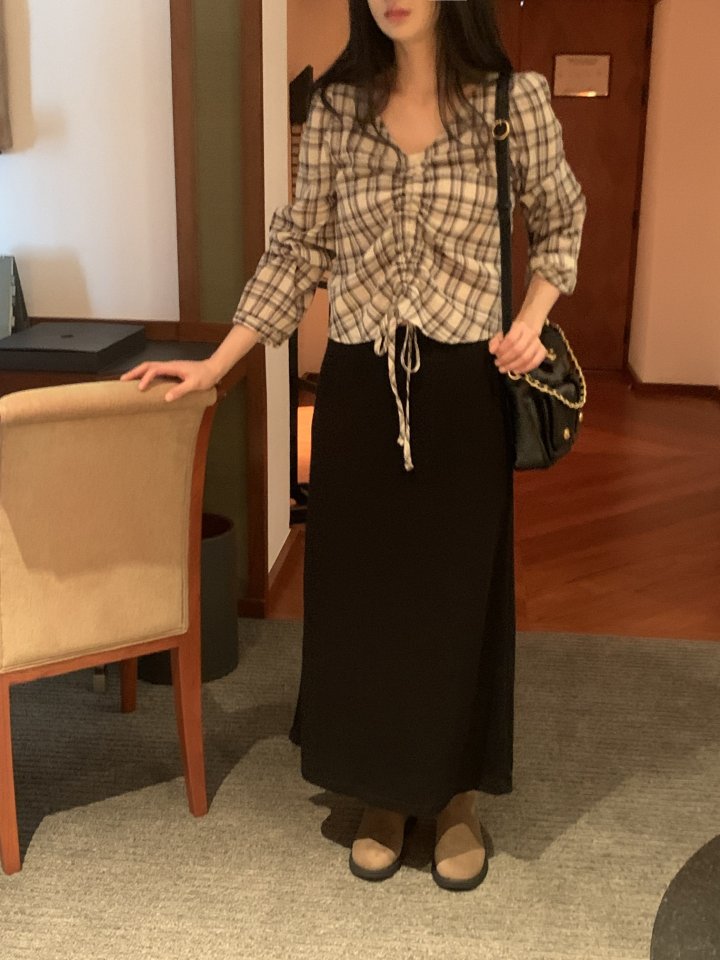 Afarrier - Korean Women Fashion - #shopsmall - Check Tunnel Blouse - 12