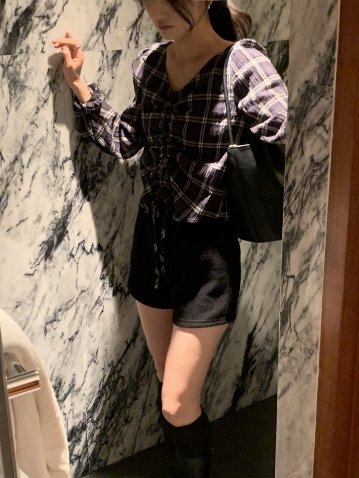 Afarrier - Korean Women Fashion - #vintagekidsstyle - Check Tunnel Blouse - 8