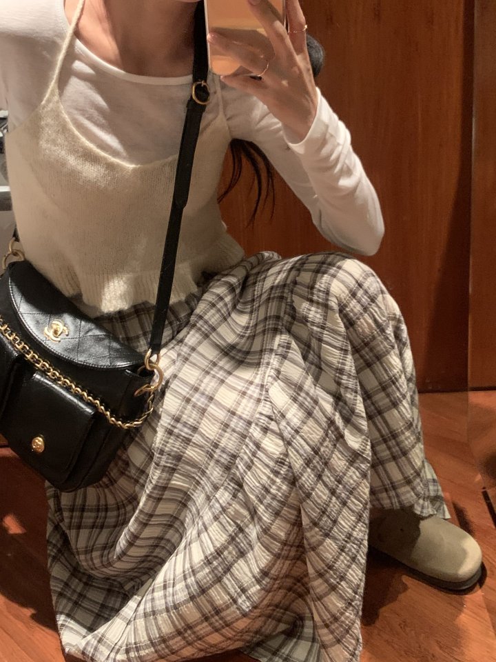 Afarrier - Korean Women Fashion - #momslook - Check Long Skirt - 4