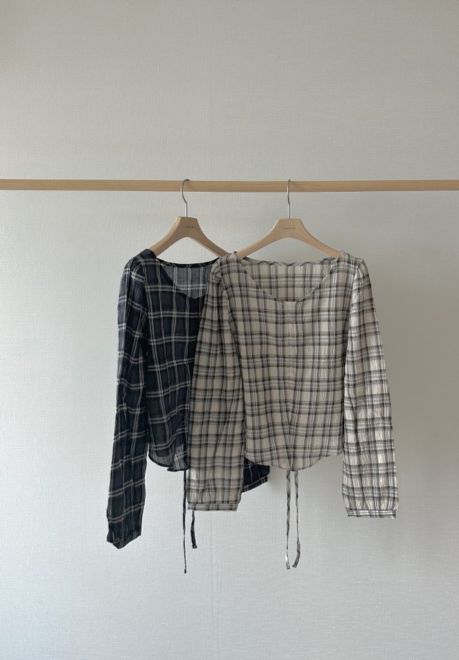 Afarrier - Korean Women Fashion - #womensfashion - Check Tunnel Blouse - 2