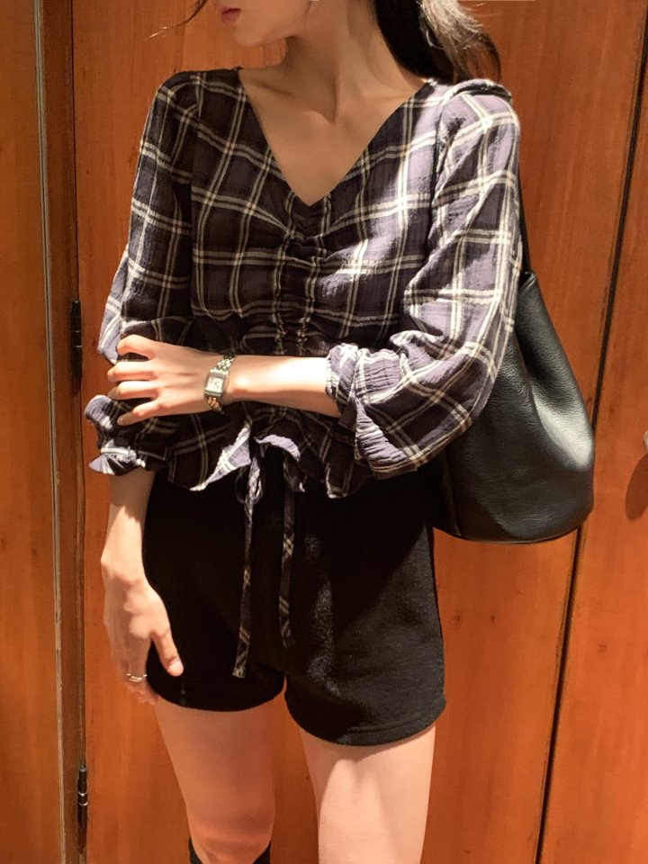 Afarrier - Korean Women Fashion - #womensfashion - Check Tunnel Blouse - 6