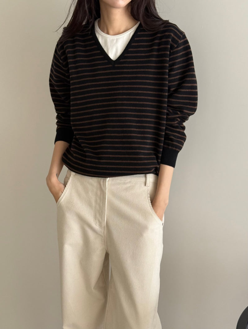 Amygrace - Korean Women Fashion - #momslook - Marceau Stripe V Neck Knit