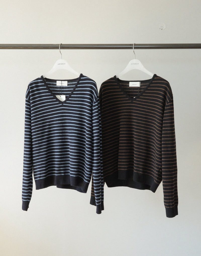 Amygrace - Korean Women Fashion - #momslook - Marceau Stripe V Neck Knit - 11