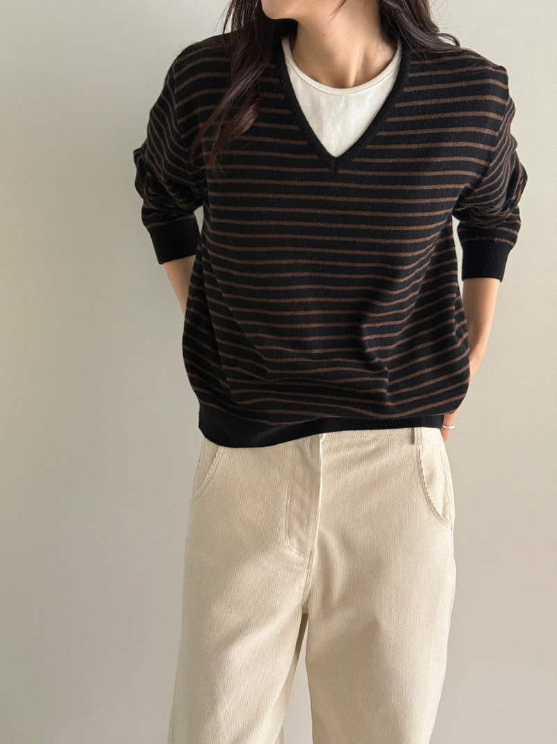 Amygrace - Korean Women Fashion - #momslook - Marceau Stripe V Neck Knit - 3