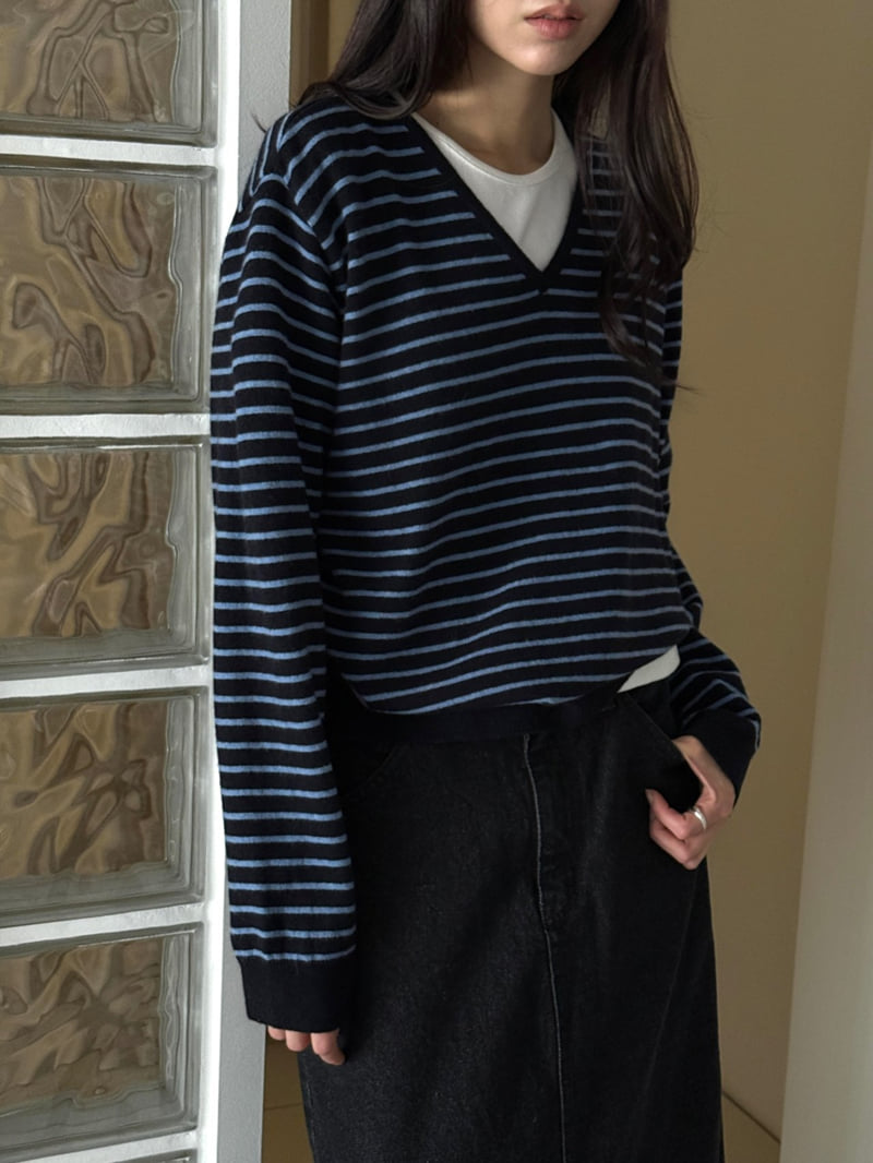Amygrace - Korean Women Fashion - #womensfashion - Marceau Stripe V Neck Knit - 10