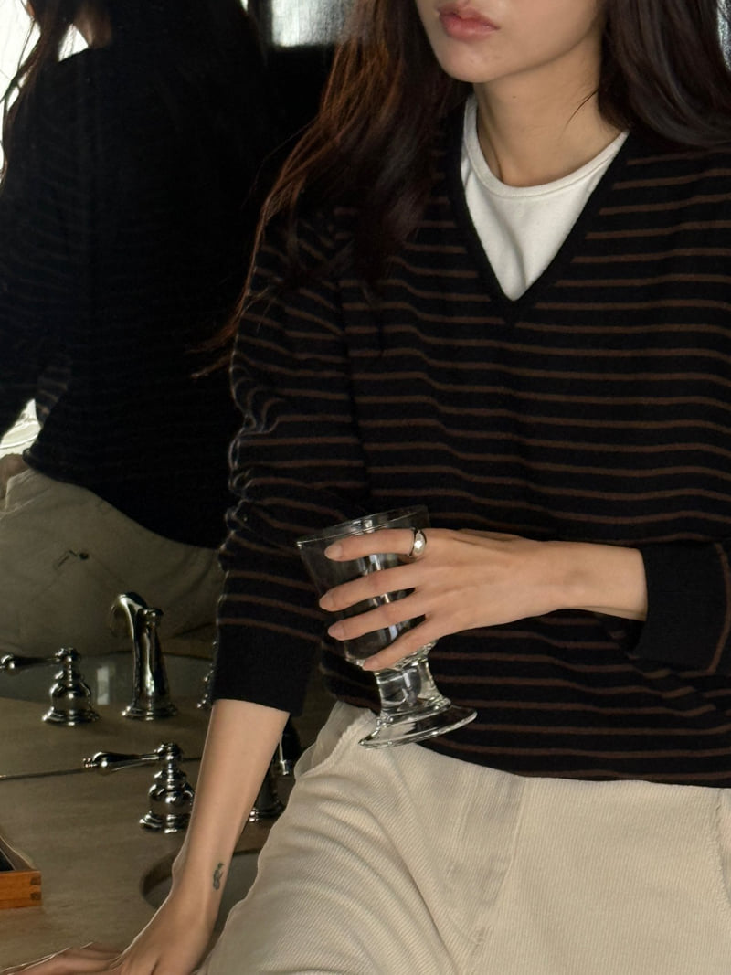 Amygrace - Korean Women Fashion - #momslook - Marceau Stripe V Neck Knit - 4