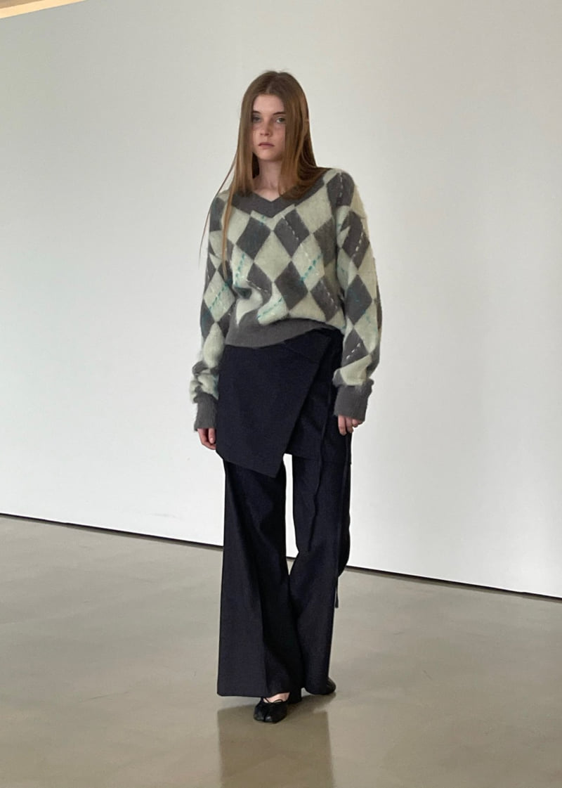 Another Avenue - Korean Women Fashion - #momslook - Argyle Wool V-Neck Knit - 10