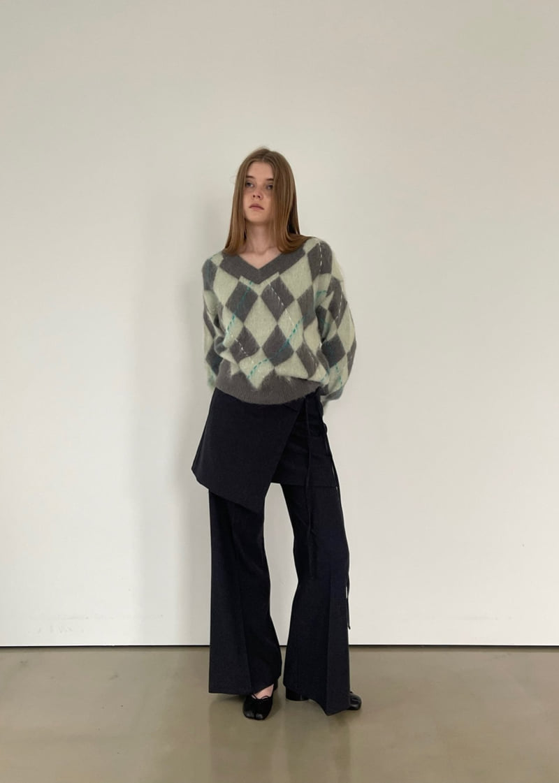 Another Avenue - Korean Women Fashion - #momslook - Argyle Wool V-Neck Knit - 12
