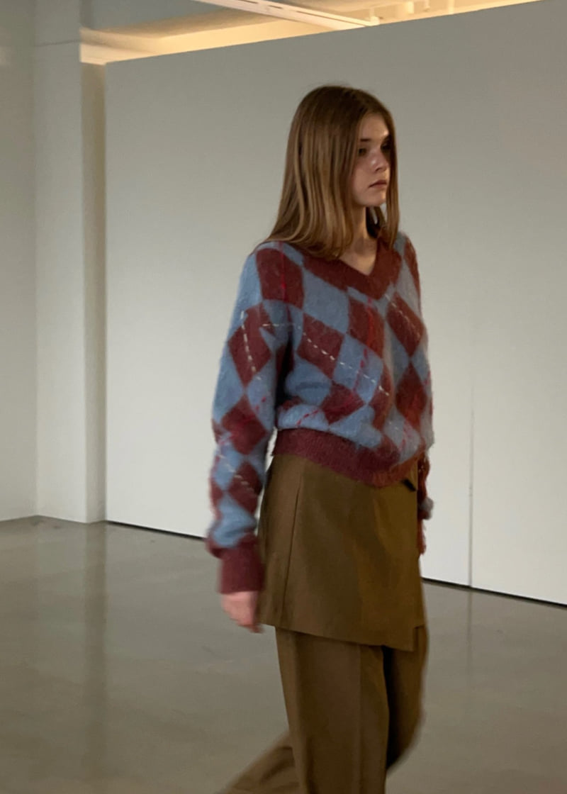Another Avenue - Korean Women Fashion - #momslook - Argyle Wool V-Neck Knit - 6